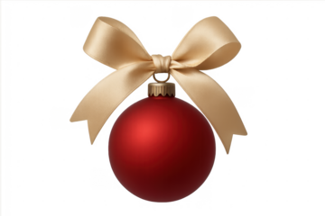 Red christmas bauble hanging with golden ribbon bow