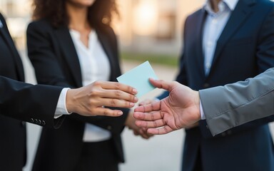 Close-up of business people exchanging business card. High quality