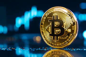 Bitcoin coin in front of financial chart and digital data background