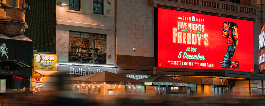Vue West End Cinema Facade, Five Nights At Freddy's 2 Horror Movie Poster Promotional Display, Leicester Square, London, United Kingdom &ndash; 1 December 2025