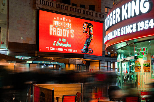 Five Nights At Freddy's 2 Horror Film Display, Vue West End Cinema Facade, Leicester Square, Central London, England, United Kingdom &ndash; 1 December 2025