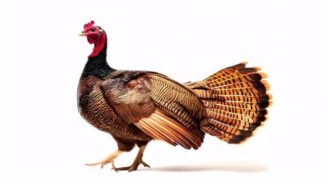 Thanksgiving holiday promotion theme. A closeup of a turkey with its tail feathers spread out, showcasing its intricate feather patterns. The turkeys plumage is a mix of brown, black, and red.