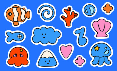 Kawaii ocean sticker set with clownfish, jellyfish, octopus, coral, seashell, cloud, swirl, heart and mountain icons on bright blue background, perfect for kids stationery, planners and prints.