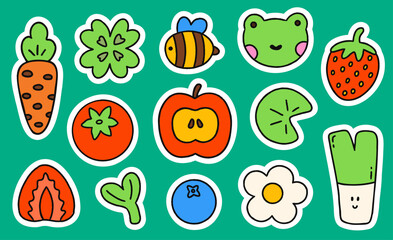 Kawaii sticker set with frog, bee, carrot, strawberry, tomato, apple, clover and flowers on green background. Cheerful garden theme for kids stationery, planners, scrapbooking and sticker packs.