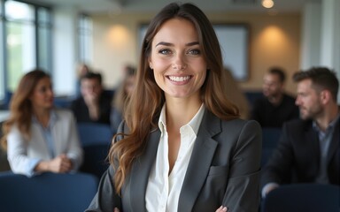 Attractive young businesswoman in a business seminar. High quality
