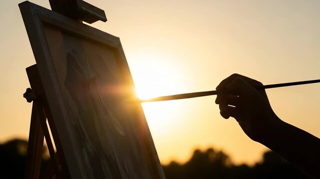 Artists hand painting on canvas at sunset creative inspiration capturing the golden hour 4K Video