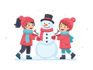 Flat Illustration Two Children Building a Snowman Together in Winter
