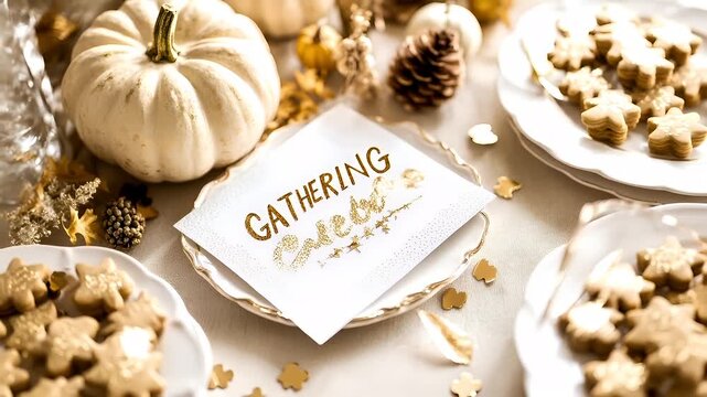 Thanksgiving holiday promotion theme. A closeup shot of a festive table setting with a white pumpkin, golden confetti, and autumnal decorations. The pumpkin is white with a green stem.