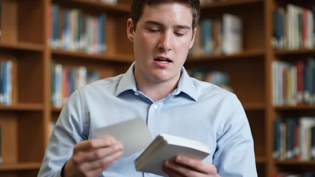Student Sorting Through Stack of Index Cards in Library