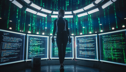 A hacker silhouette in front of computer screens, green matrix-style code cascading, dramatic cinematic lighting