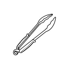Black Outline Drawing of Kitchen Tongs on White Background