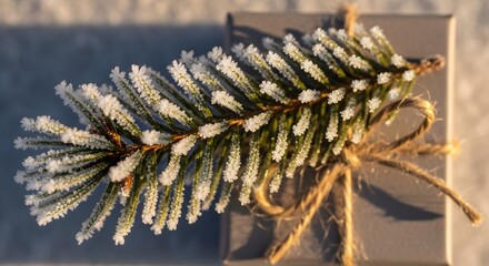 Naklejka premium Frozen foliage atop a wrapped gift, hinting at winter celebrations and a touch of natural beauty.