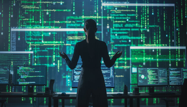 A hacker silhouette in front of computer screens, green matrix-style code cascading, dramatic cinematic lighting