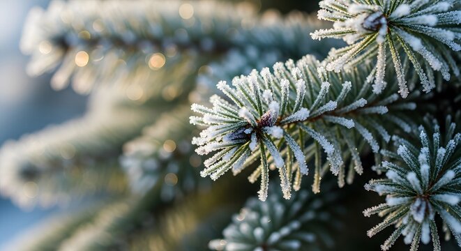 Delicate frost crystals adorn evergreen needles, creating a winter wonderland scene. Natures beauty shines.