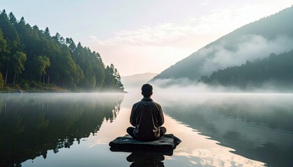 A man meditates in a lotus position on a rock in the middle of a lake. The scene is set in a natural landscape with mountains, trees, and fog. The lighting is s