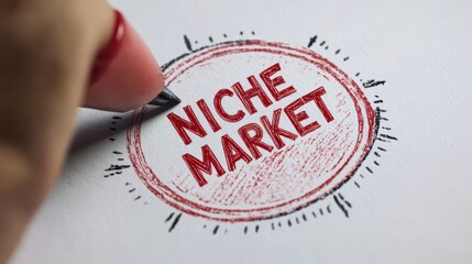 A hand is drawing a red circular stamp with the words "Niche Market" written inside, symbolizing targeted marketing strategies.