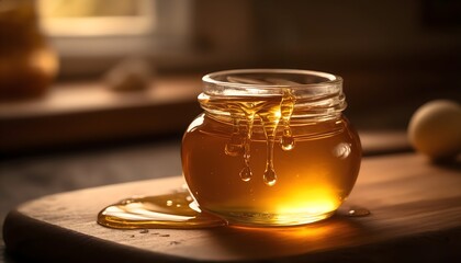warm golden honey jar with dripping sweet liquid on wooden surface for use in food advertising and natural product branding