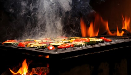 sizzling bbq grill with vegetables cooking over open flame for use in food advertising and outdoor cooking promotions