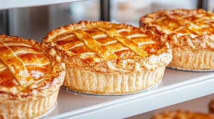 Three golden-brown pies with a lattice crust are displayed on a shelf, showcasing their flaky texture and delicious filling.