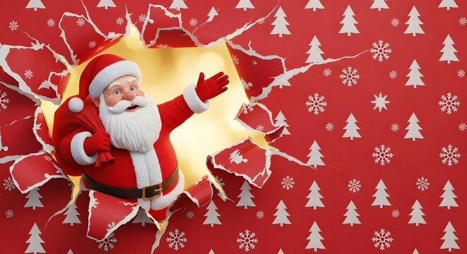 Festive holiday season unfolds as Santa Claus emerges from wrapping paper, spreading Christmas joy. - Powered by Adobe