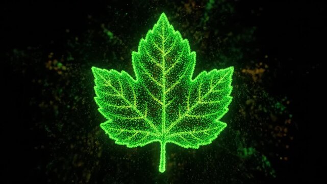 Glowing green leaf with bright veins and vibrant particles, digital nature energy forming dynamic glowing particle maple leaf design with vibrant green and yellow energy veins
