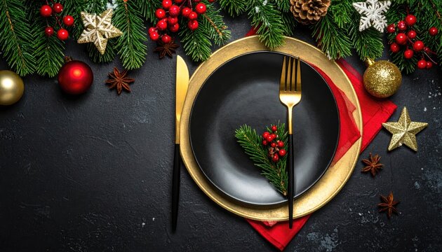 Elegant festive Christmas table setting with pine branches and gold accents.
