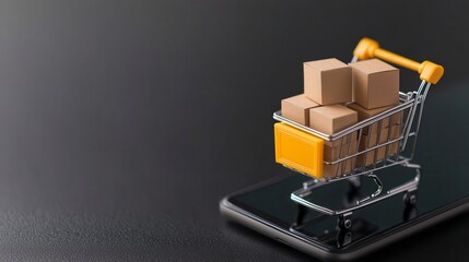 A shopping cart with packages sits on a smartphone, symbolizing online shopping and e-commerce in a modern digital environment.