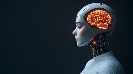 A futuristic robotic head with a visible brain, showcasing advanced technology and artificial intelligence in a sleek, modern design.