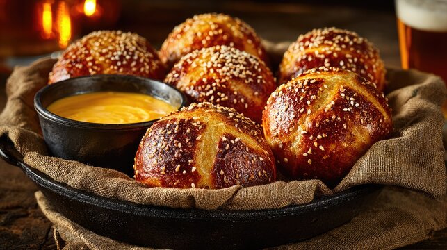 Fresh Pretzel Buns with Creamy Cheese Dip in Rustic Setting