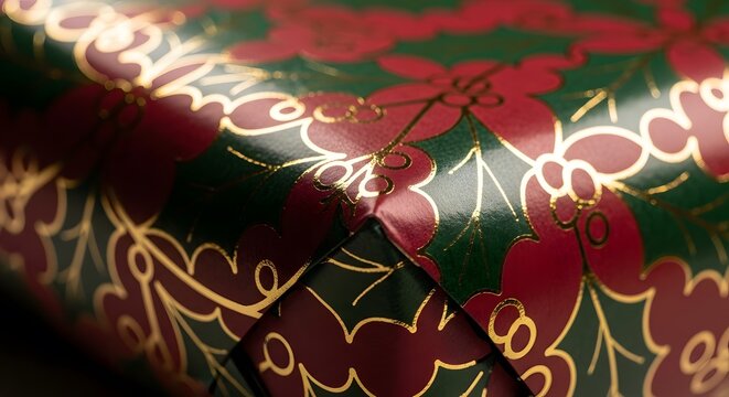 A close-up showcases a festive gift wrapping, adorned with vibrant holly and golden accents, exuding joy.