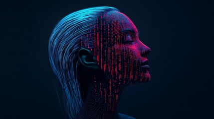 A digital representation of a female figure with a futuristic aesthetic, featuring vibrant colors and a matrix-like pattern illuminating her face.
