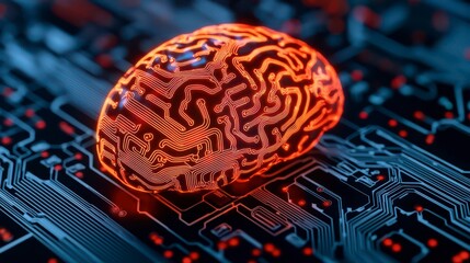 A glowing brain is overlaid on a circuit board, symbolizing the intersection of technology and human intellect.