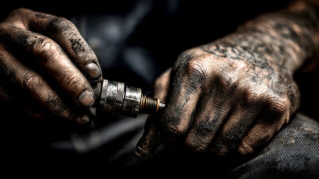 Skilled hands connect industrial components, showcasing dedication and mechanical precision in dark setting