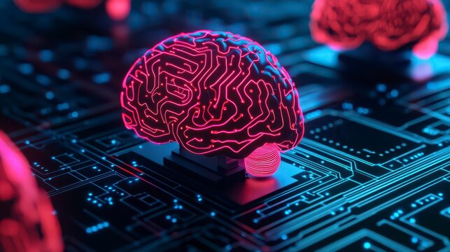 A vivid digital representation of a brain with circuit patterns, glowing in pink hues, set against a dark technological background.