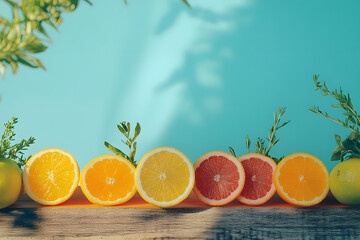 Row of Colorful Citrus Slices on Wooden Table with Turquoise Background