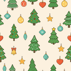 New year seamless pattern with Christmas trees and Christmas tree toys