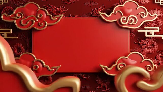 Chinese new year festive background with red frame, golden auspicious cloud border, and dragon relief carving for celebration or greeting card