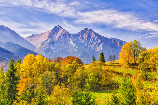View of autumn's vibrant tapestry drapes across rolling hills, leading to majestic, rugged mountains under a sky streaked with wispy clouds, Zdiar, Presovsky kraj, Slovakia.