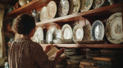 Exploring a vintage collection of porcelain dishes and books in a cozy setting