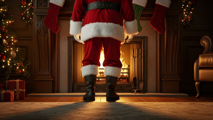 Santa emerging from a fireplace, boots dusty with soot, cozy holiday interior.