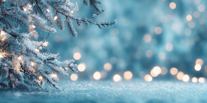 Frosted evergreen branches with warm glowing fairy lights overlooking a soft snowy surface and blurred sparkling bokeh background, creating a peaceful winter holiday atmosphere full of serene festive 