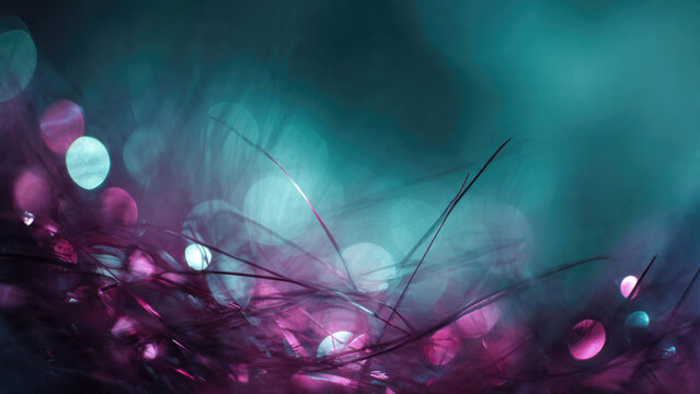 A vibrant abstract macro of delicate fibers intertwined with glowing teal and magenta bokeh lights, creating an ethereal dreamscape.