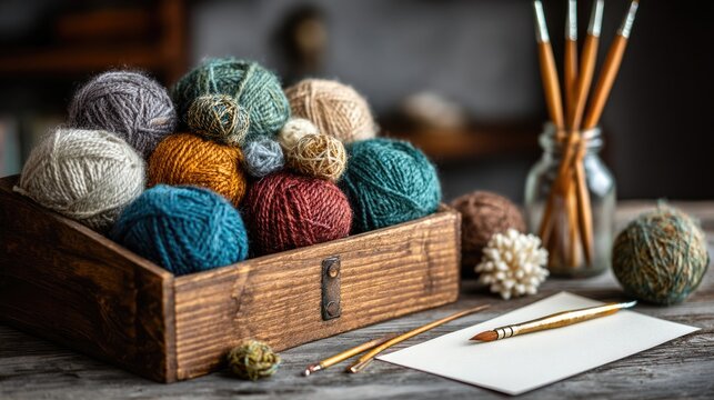 Colorful Knitting Yarn Balls in a Rustic Wooden Box on a Craft Table - Powered by Adobe