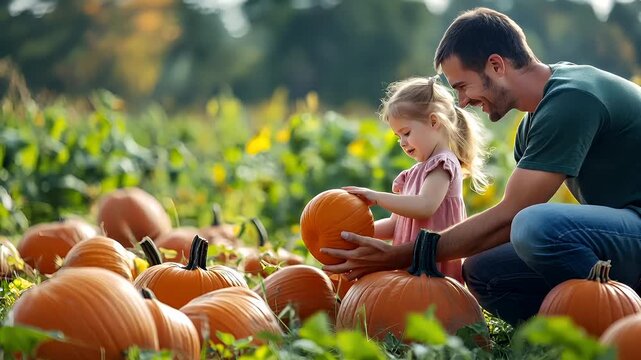 A man and a young girl in a pumpkin patch, with the man and girl interacting with pumpkins. The scene is set against a backdrop of a lush green field with yellow flowers.