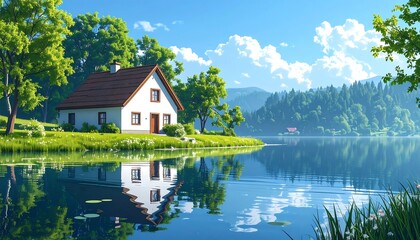 Obraz premium Lakeside Cottage Serenity - A Tranquil Retreat in Natures Embrace.