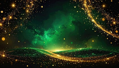 Naklejka premium Abstract Golden Sparkles and Green Nebula Cosmic Background Display.