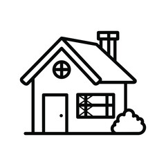 Simple Outline House with Chimney and Bush Icon