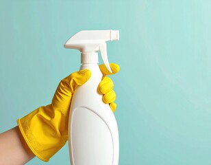 Yellow-gloved hand holds white spray bottle