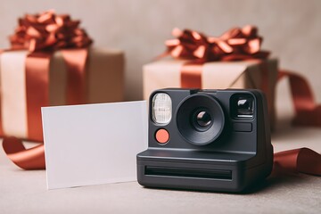 A black instant camera and blank card stand beside blurred gift boxes with red ribbons, perfect for capturing special memories.