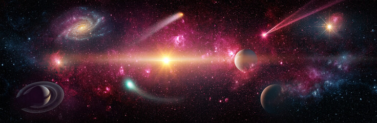 Sun, galaxies, Saturn, moon, stars, comet, asteroid, meteorite, nebula. Space panorama of the universe. Elements of this image furnished by NASA. © Tryfonov